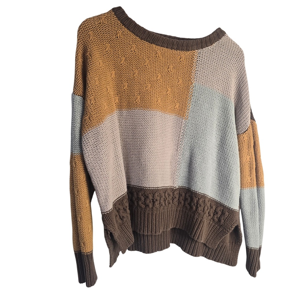 Umgee Patchwork Colorblock Sweater Womens Large Brown Mustard Knit Boho Cozy